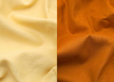 Two fabric swatches, one beige and one orange-brown, side by side.